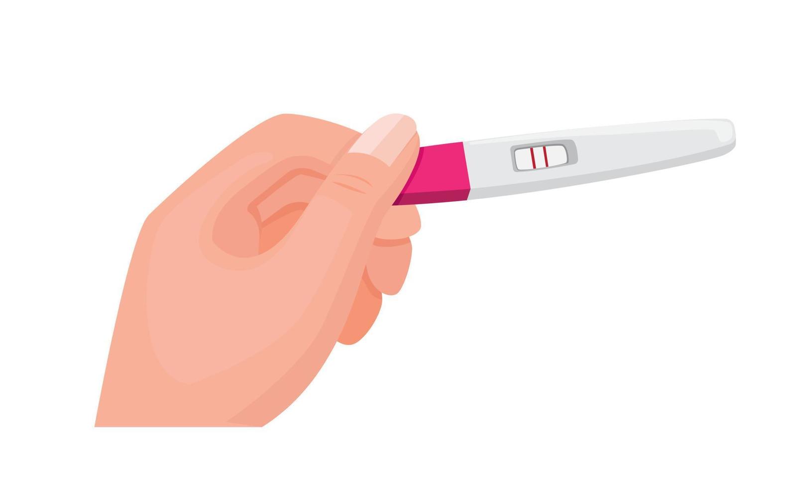 hand holding pregnancy test pack with 2 red bar result positive in cartoon flat illustration vector isolated in white background