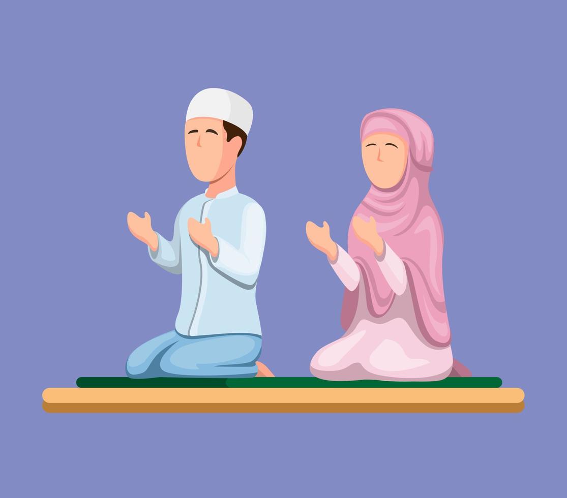 muslim couple sitting and praying. islam religion people in cartoon illustration vector