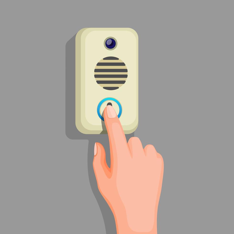 Empuje el botón del timbre con la mano en la pared. concepto en vector de ilustración de dibujos animados