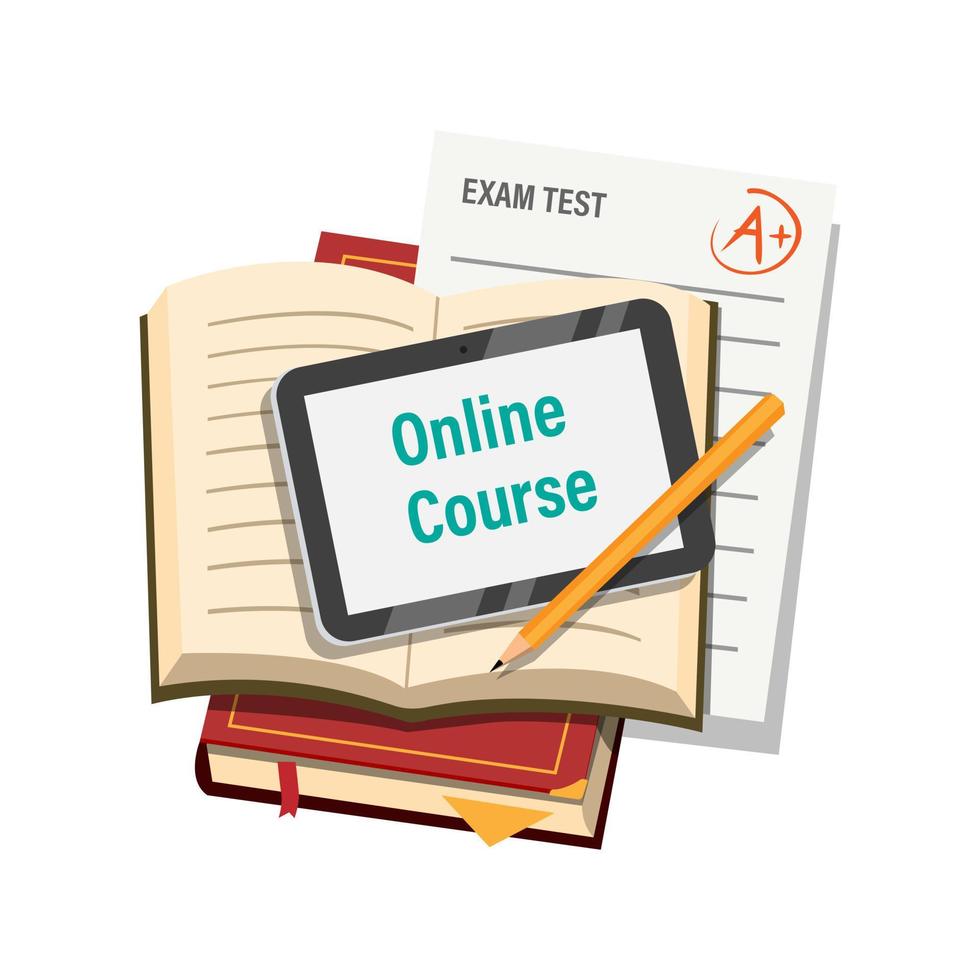 Online Course with book tab and exam paper symbol concept in cartoon illustration vector isolated in white background