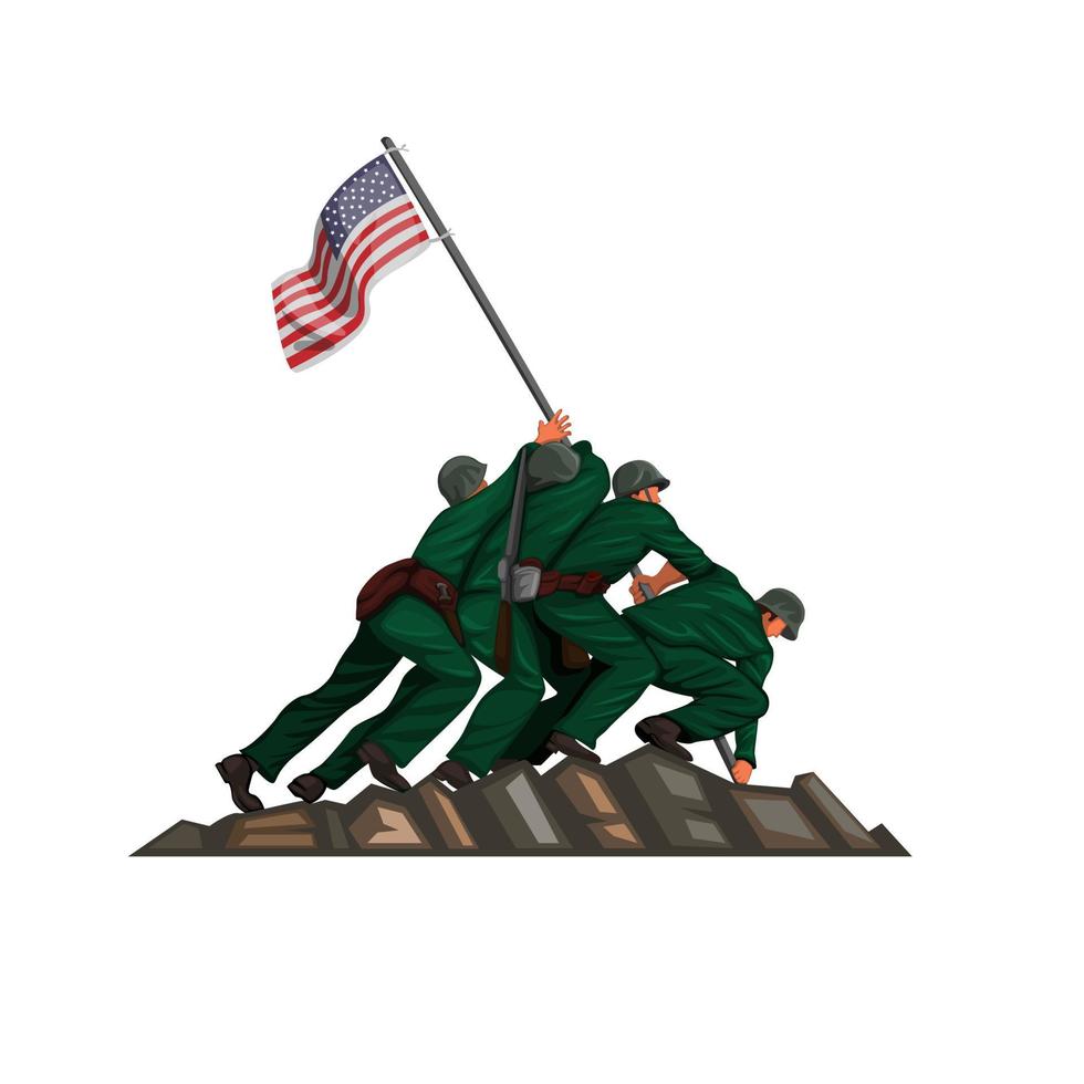 soldier american flag raising. patriotic symbol in cartoon illustration vector isolated in white background