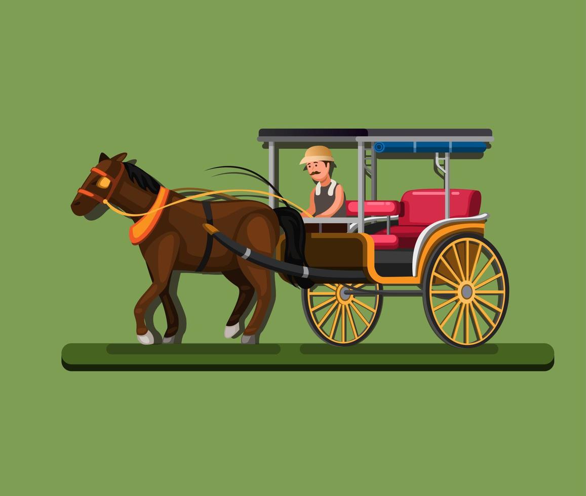 Delman también conocido como carro de caballos concepto de transporte tradicional indonesio en vector de ilustración de dibujos animados