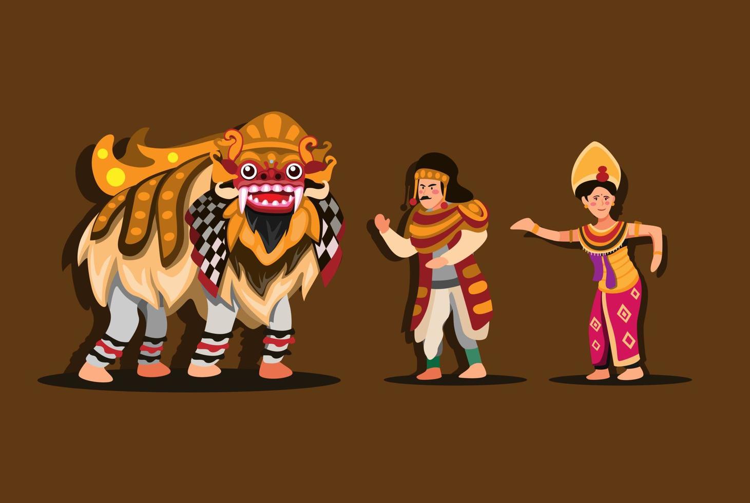 danza tradicional barong de bali indonesia. hombre y mujer vestidos de traje y bailando en el espectáculo. concepto de ilustración en vector de dibujos animados