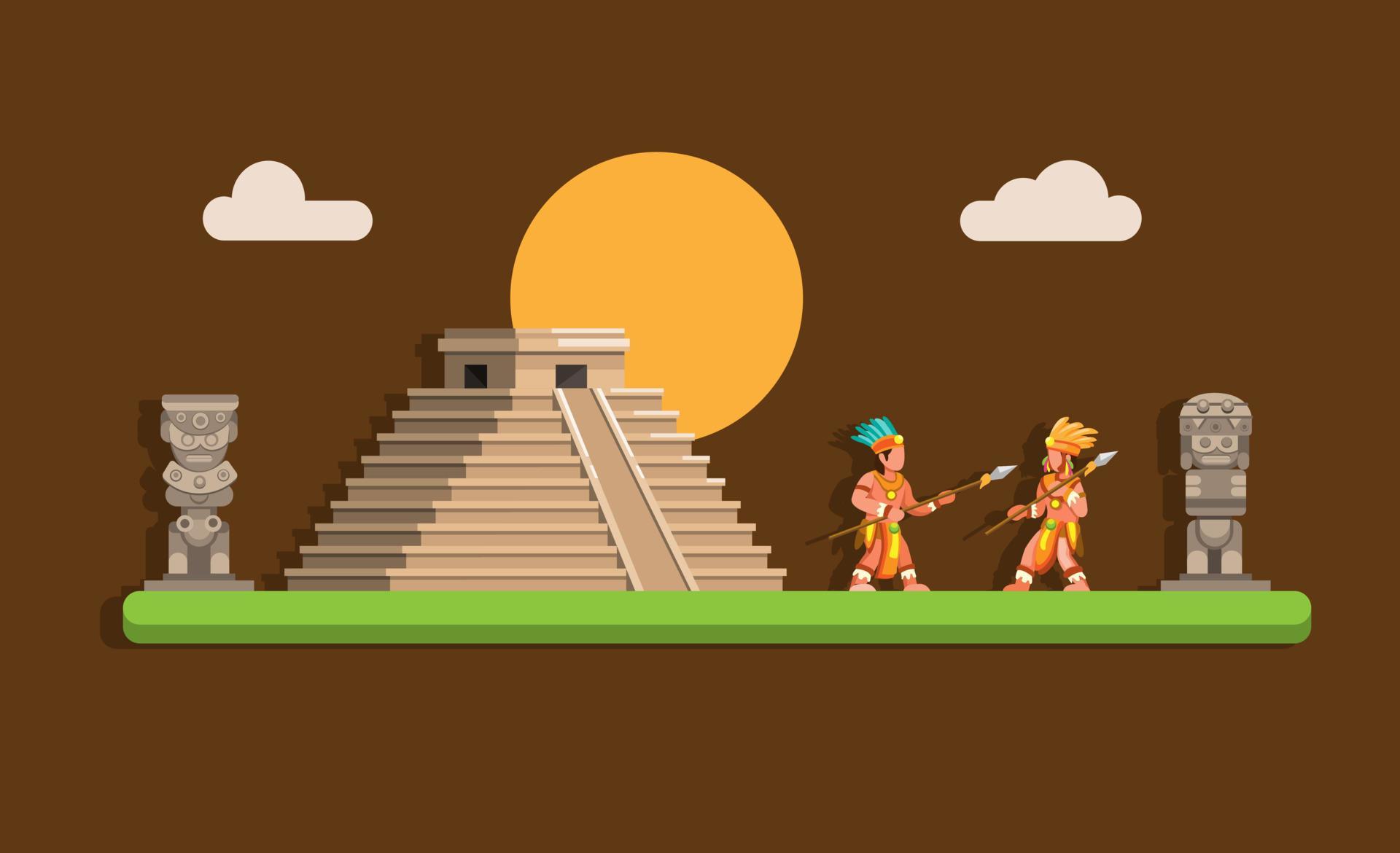 Aztec mayan ancient pyramid with warrior illustration in flat cartoon ...