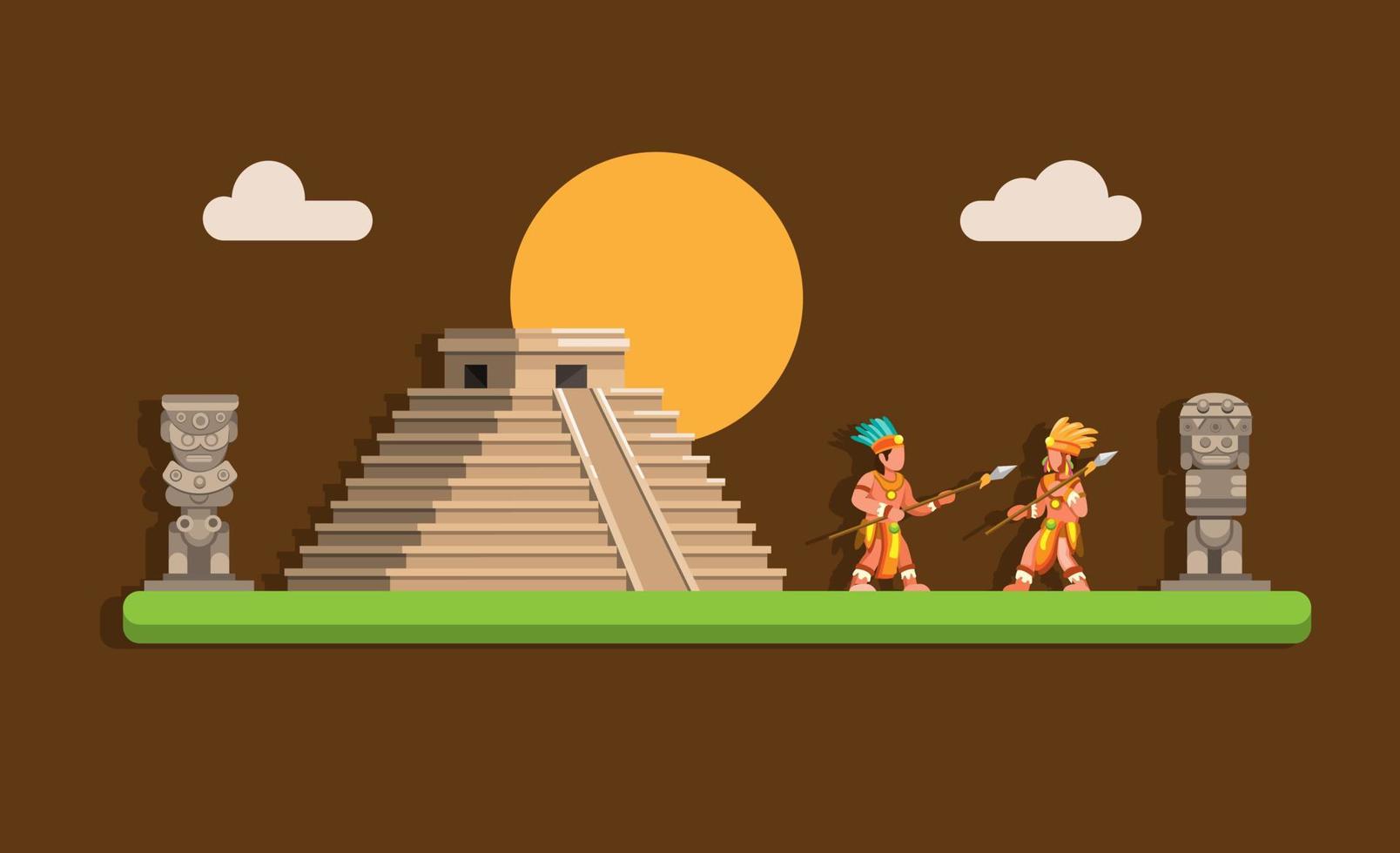 pirámide maya azteca con ilustración de guerrero en vector de dibujos animados plana