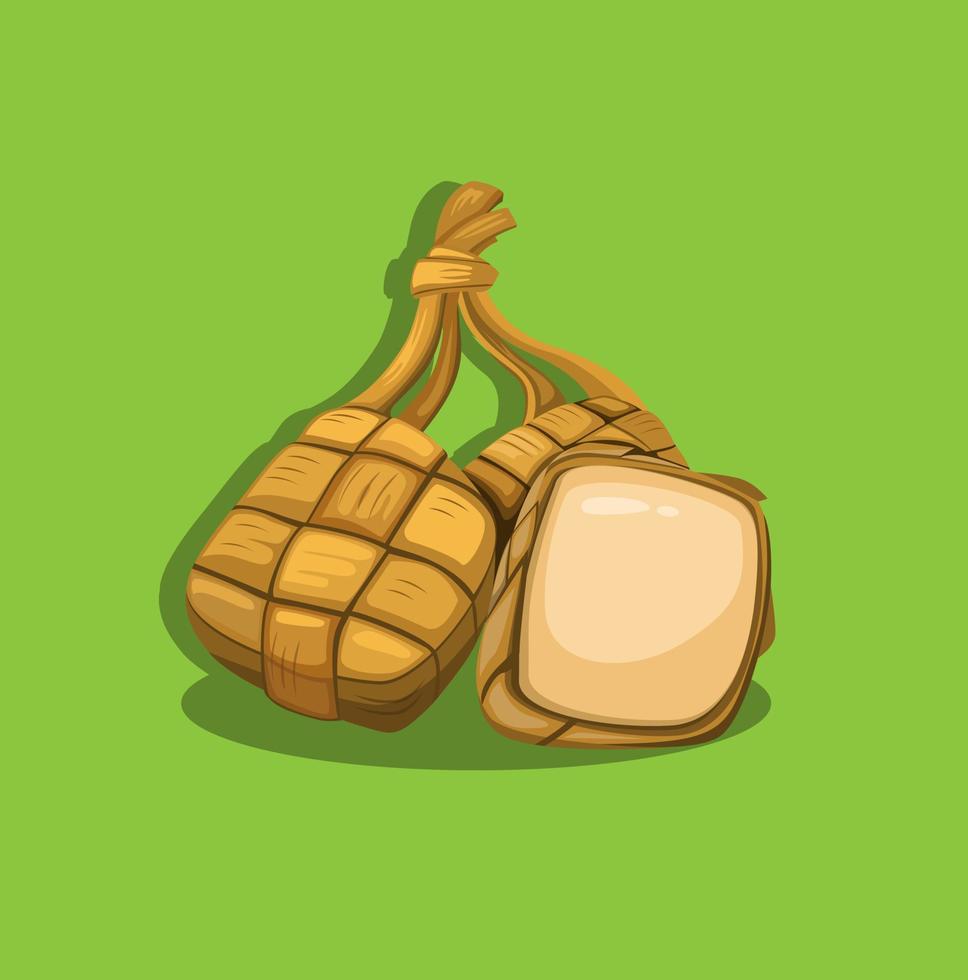 ketupat is a rice cake packed inside a diamond-shaped container of woven palm leaf pouch in slice symbol cartoon illustration vector