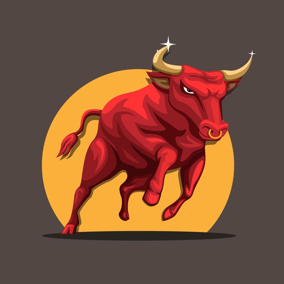 búfalo rojo corriendo. símbolo de la mascota para el concepto del zodiaco matador o tauro en vector de ilustración de dibujos animados