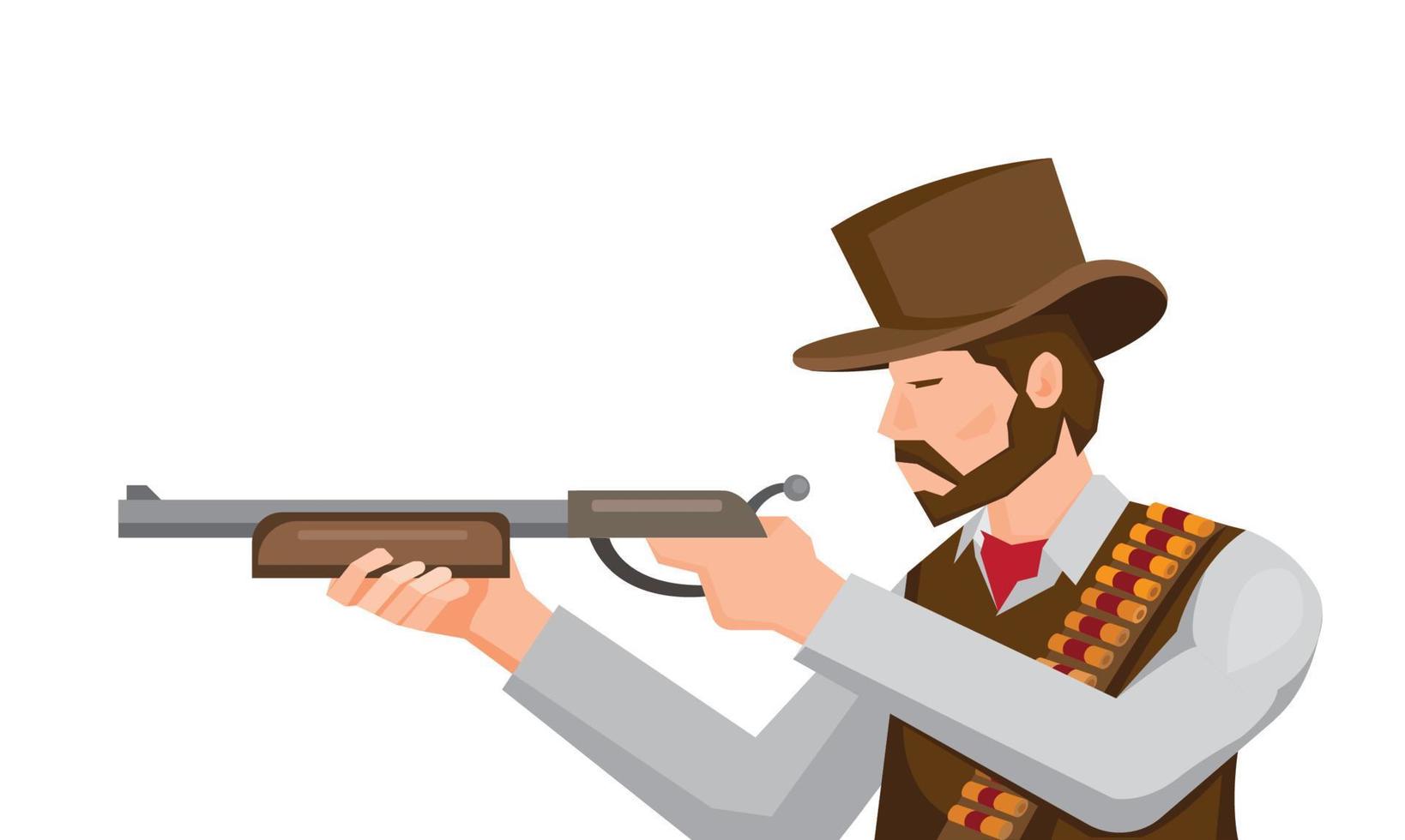 cowboy with rifle gun ready to shoot flat illustration vector
