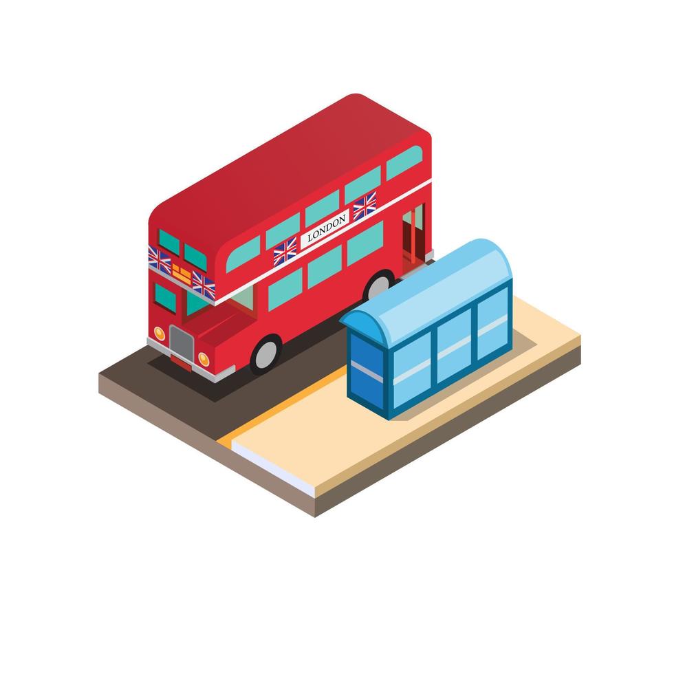 autobús rojo de dos pisos con halte, autobús icónico de londres inglaterra en vector editable de ilustración isométrica