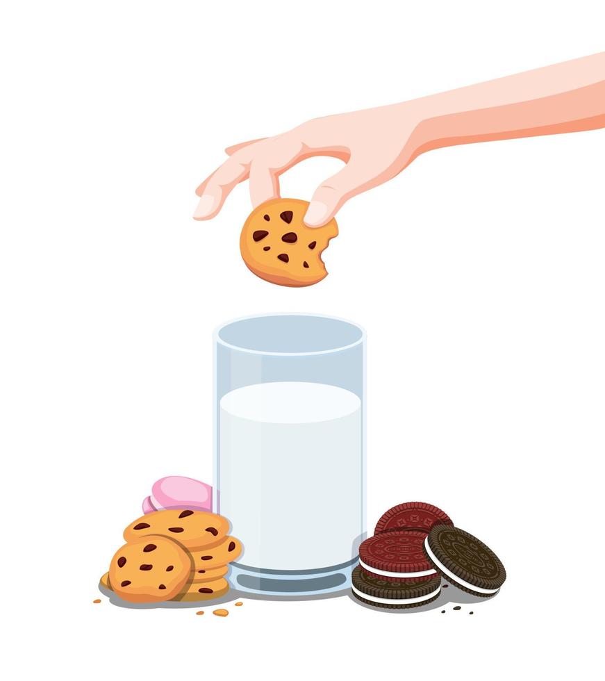 Cookies biscuit and fresh milk, hand dipping cookie choco chips to milk in glass. cartoon illustration vector isolated in white background