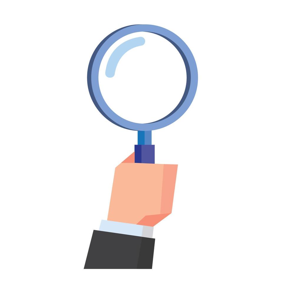 hand holding magnifying glass in low poly flat illustration vector