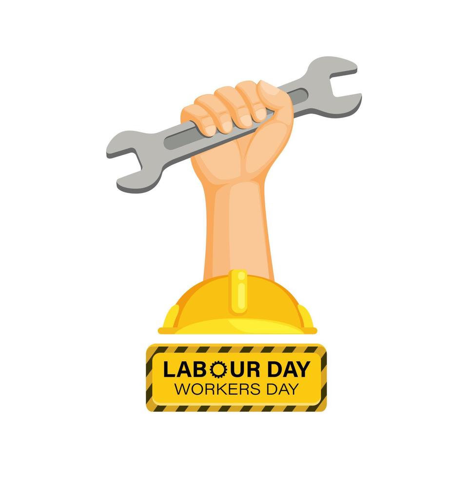 Labour day logo symbol mascot, hand holding tools with helmet worker day celebration decoration in cartoon flat illustration vector isolated in white background