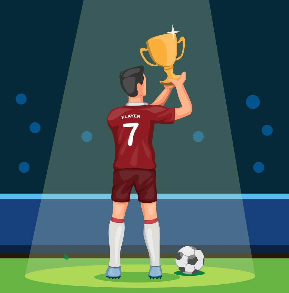 Jugador de fútbol con trofeo ganador celebración de campeón en vector de ilustración de dibujos animados