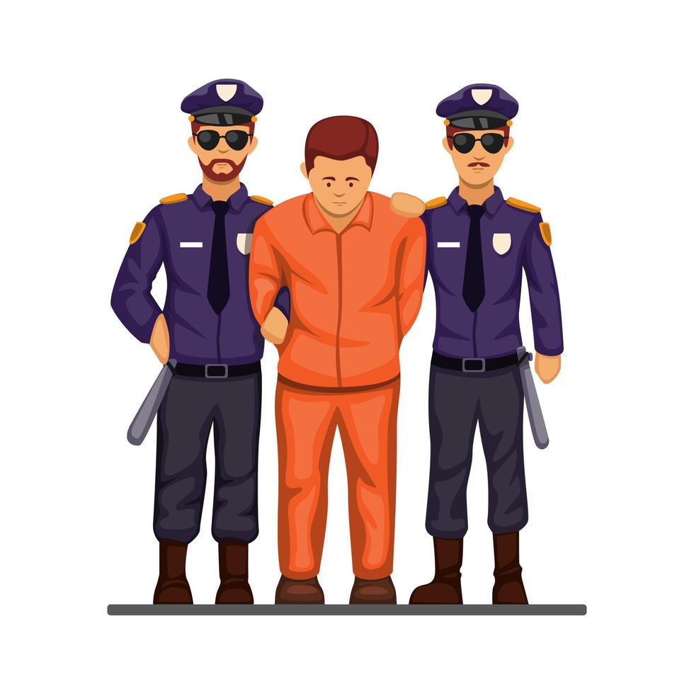 Hombre criminal de esposas de policía desde el concepto de vista frontal en vector de ilustración de dibujos animados sobre fondo blanco