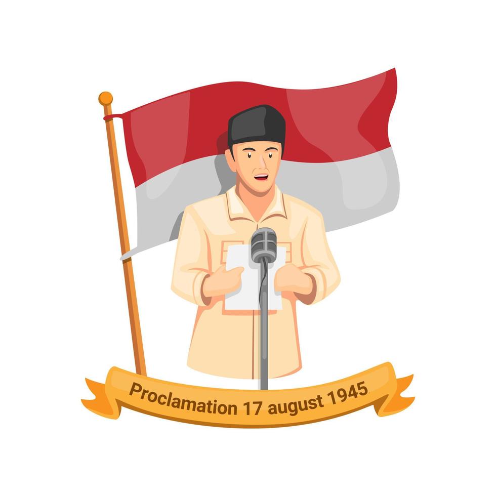 bandung, java occidental, 6 de agosto de 2020, primer presidente de indonesia, bung karno, proclamación del discurso el 17 de agosto de 1945. símbolo de celebración del día de la independencia en vector de ilustración de dibujos animados