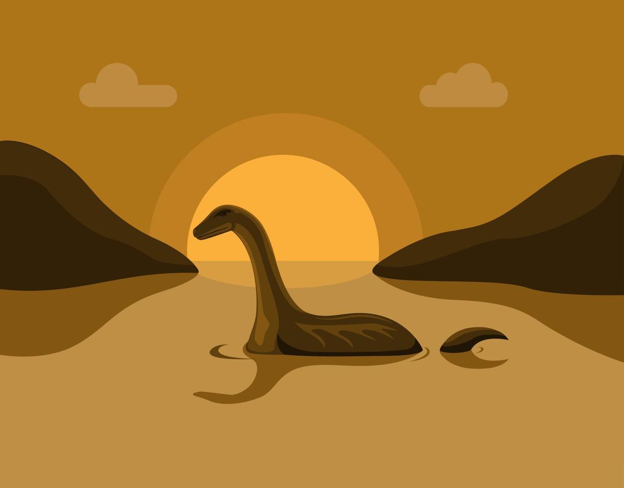 Lochness monster sillhouette in lake, urban legend story scene illustration vector