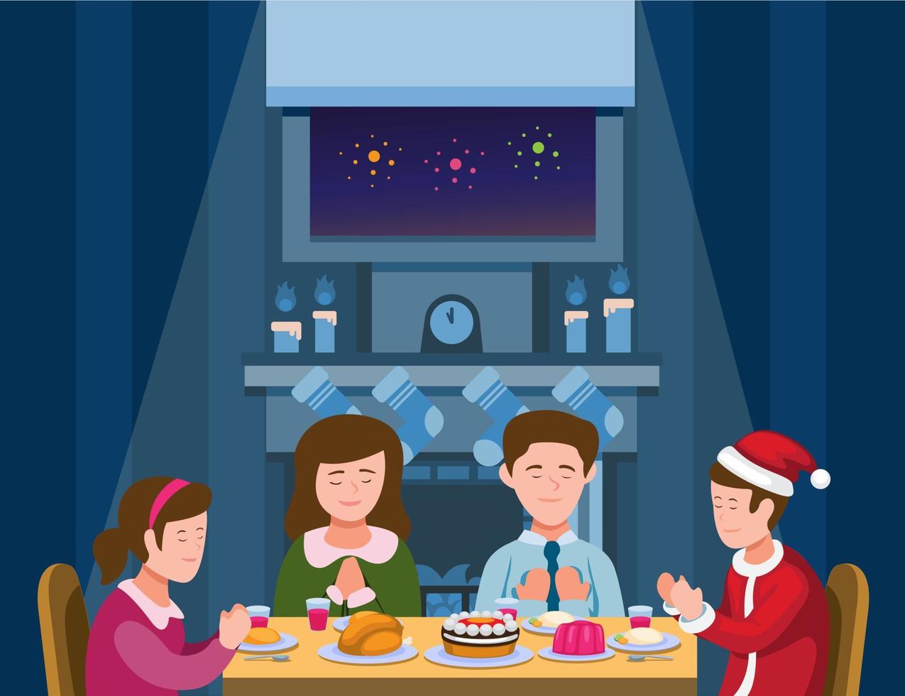 cena familiar de navidad. familia rezando antes de comer en navidad o año nuevo vector de ilustración de temporada