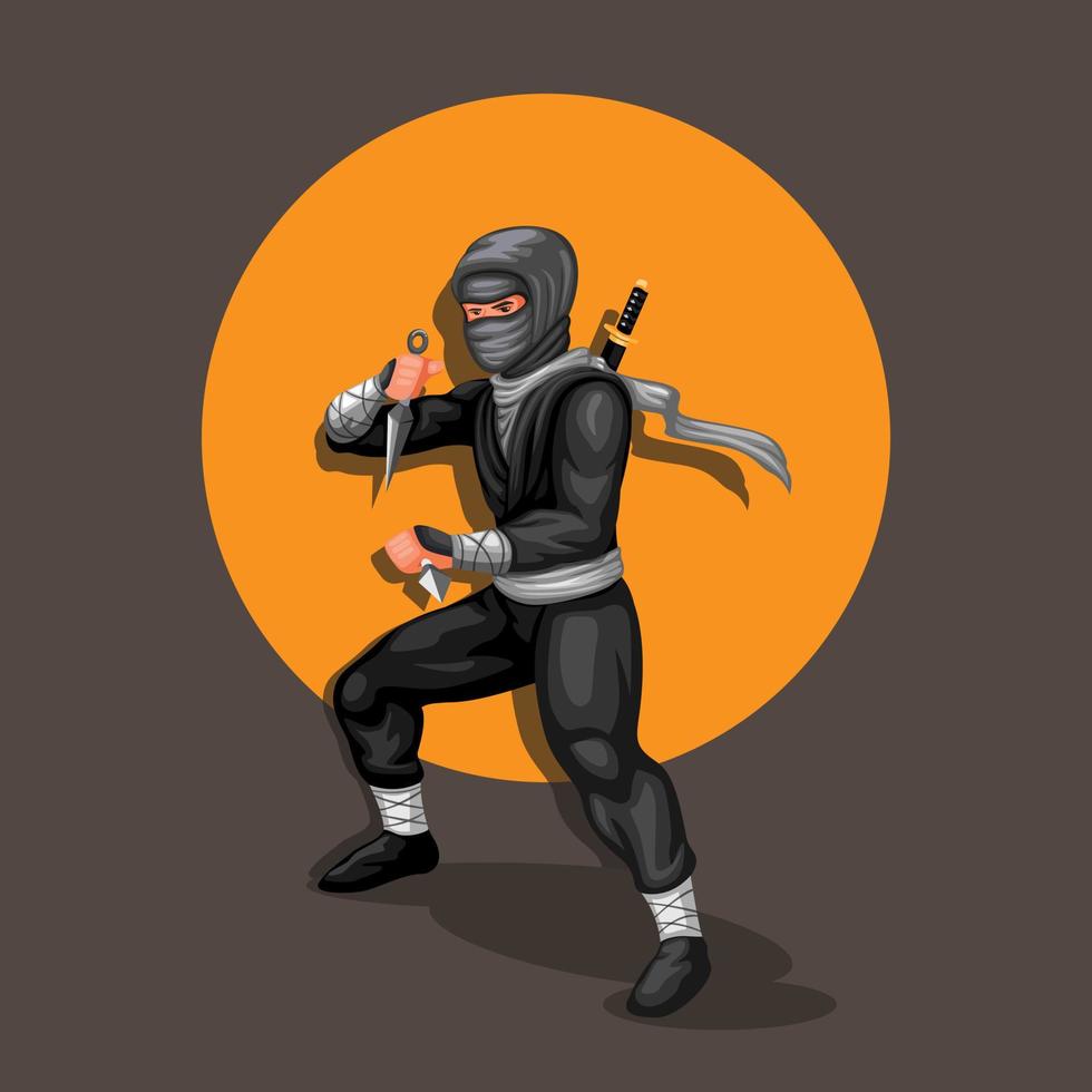 Pose de acción de personaje de figura ninja sosteniendo kunai. vector de ilustración de cultura japonesa ninja