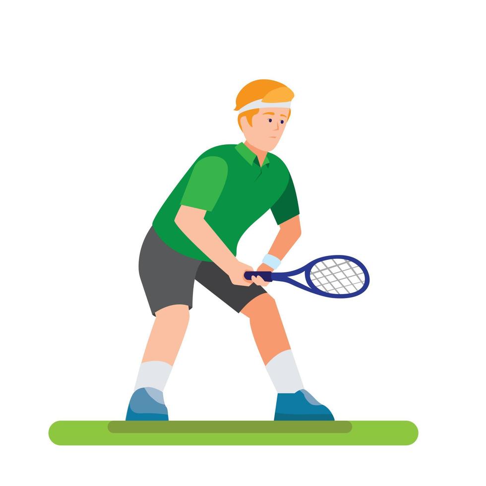 Pose de personaje de hombre listo para golpear la pelota, hombre jugando tenis en vector de ilustración plana de dibujos animados