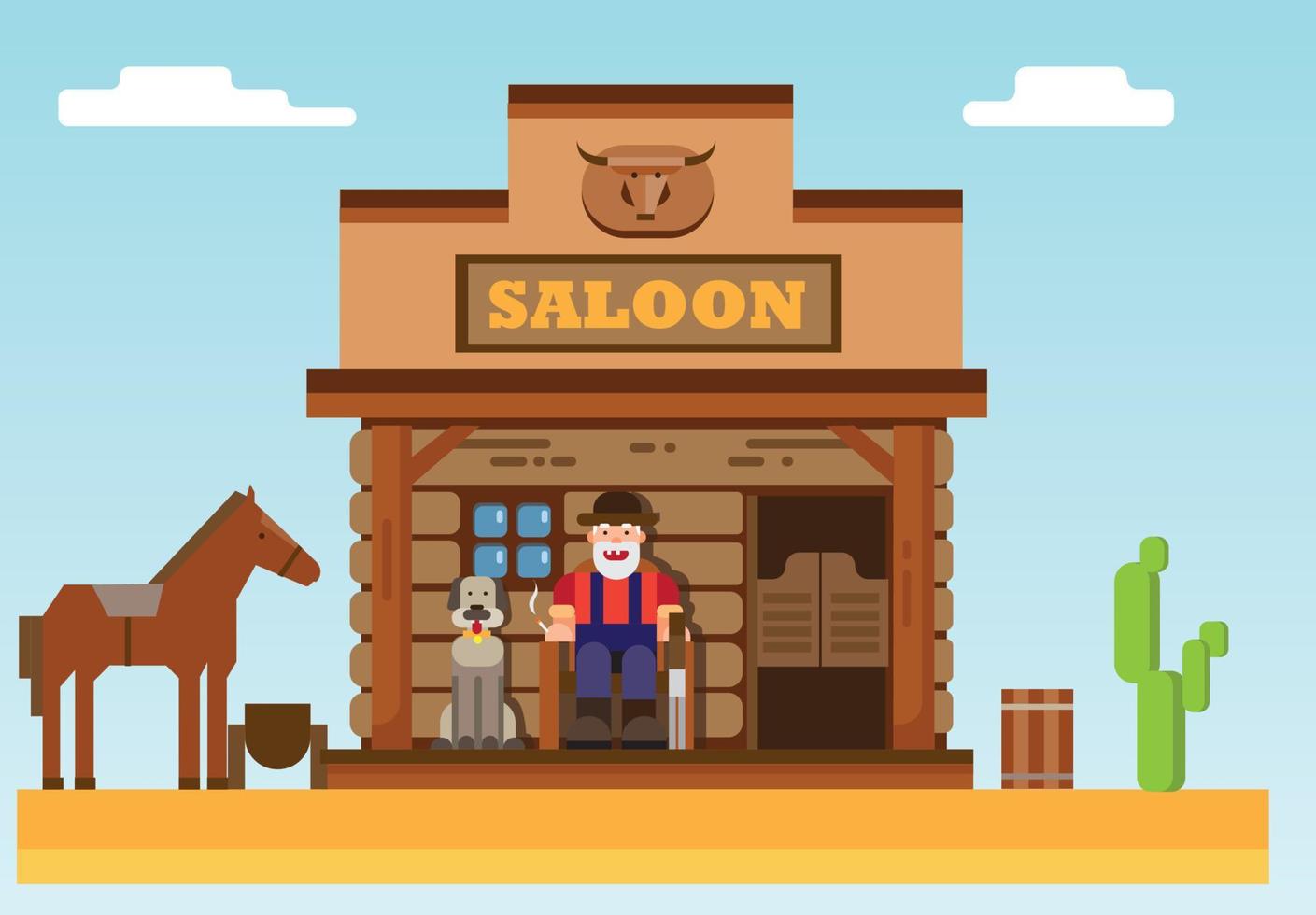 Wild west saloon, old man sitting in porch with dog flat illustration vector