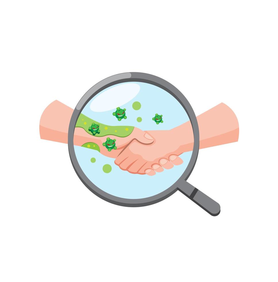 handshake with backteria virus detected in magnifyng glass symbol. spread disease prevention in cartoon flat illustration vector isolated in white background