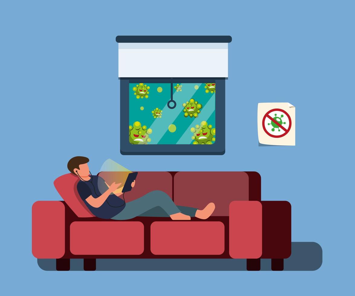 guy laying on sofa playing smartphone table, stay at home or self quarantine to protection from corona virus infection in cartoon flat illustrtion vector
