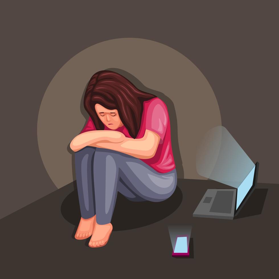 depressed girl sitting and cry on dark room with laptop and smartphone. mental illness and cyberbullying awareness illustration concept in cartoon vector