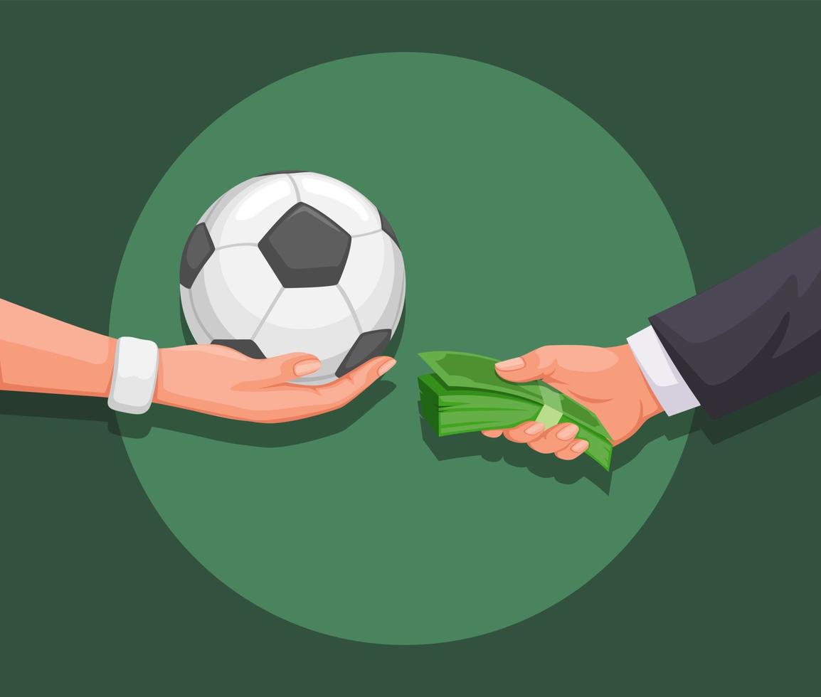 Mano que sostiene el símbolo de la bola y el dinero para el arreglo de partidos, actividad ilegal en el vector de ilustración de deporte de fútbol