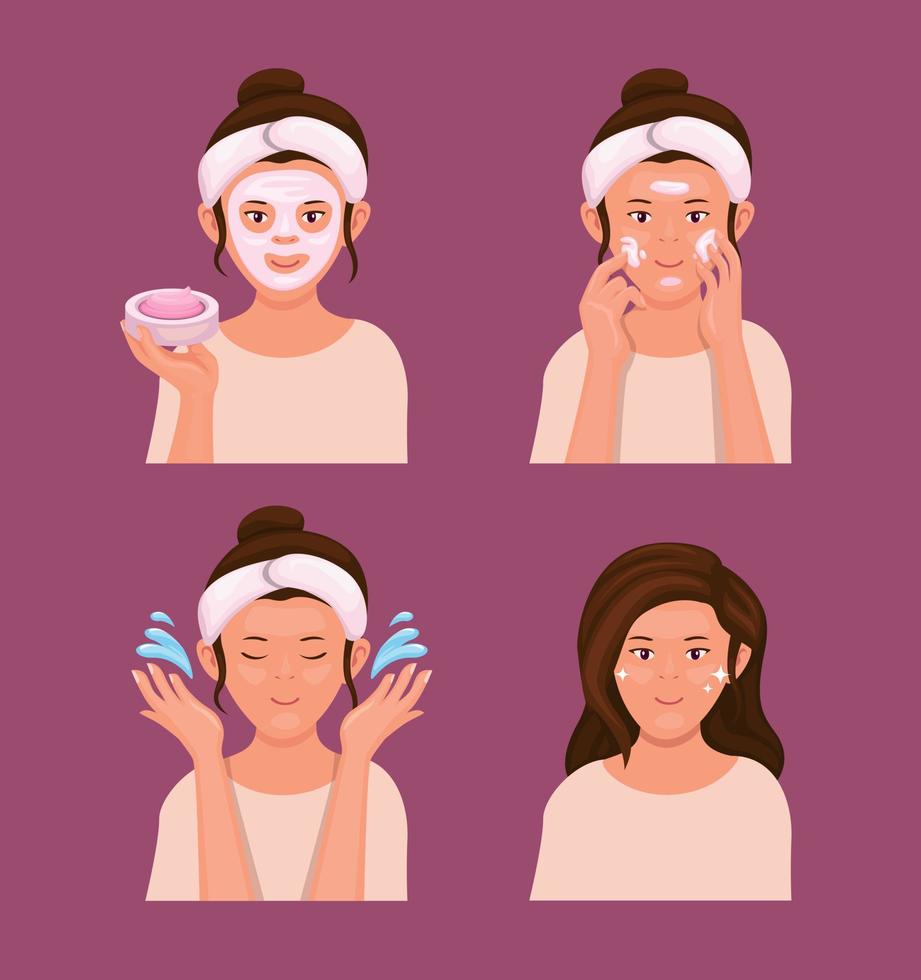 beauty mask skincare and face wash product instruction symbol character set illustration vector