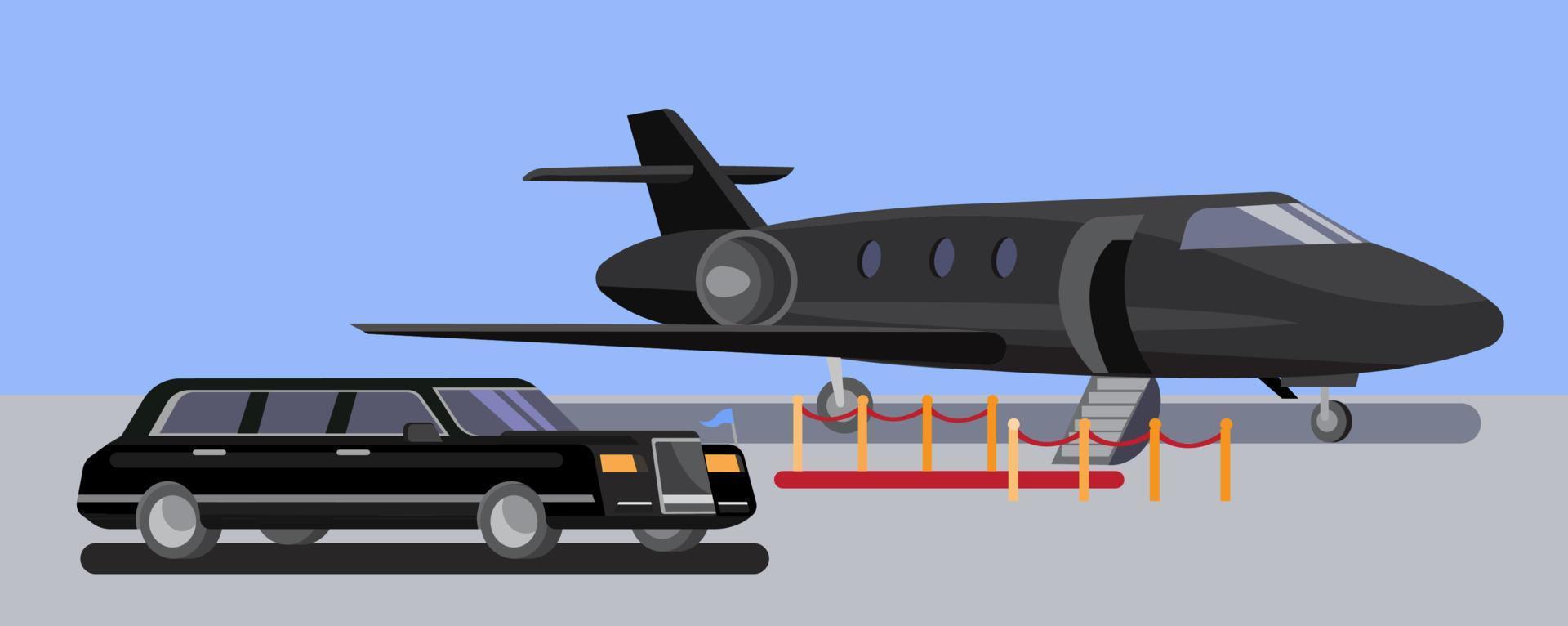 Coche de limusina y jet privado en el aeropuerto con vector de diseño plano de alfombra roja