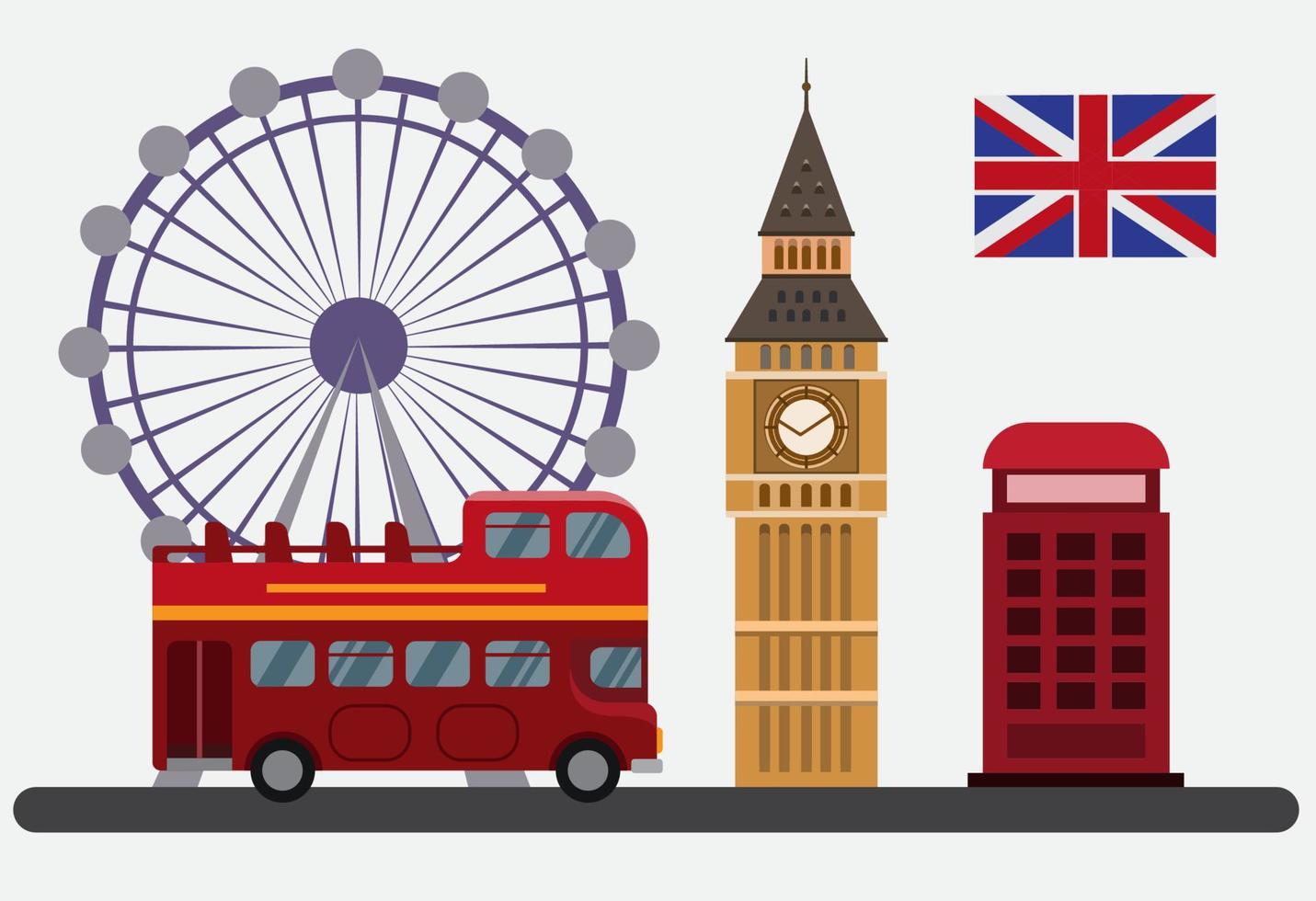 Ilustración plana con London Eye, autobús rojo de dos pisos, cabina telefónica y otros símbolos de Londres, Inglaterra, Reino Unido. vector