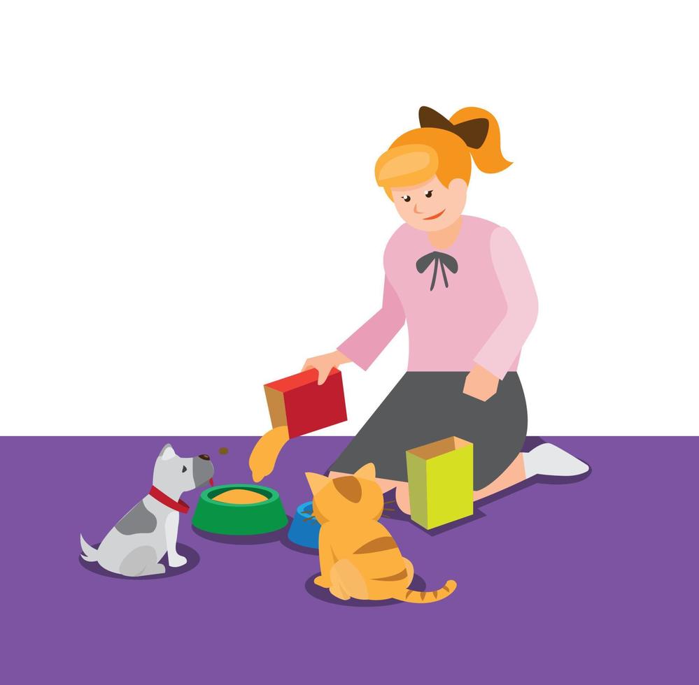 girl feeding her pet puppy and kitten flat cartoon illustration vector design