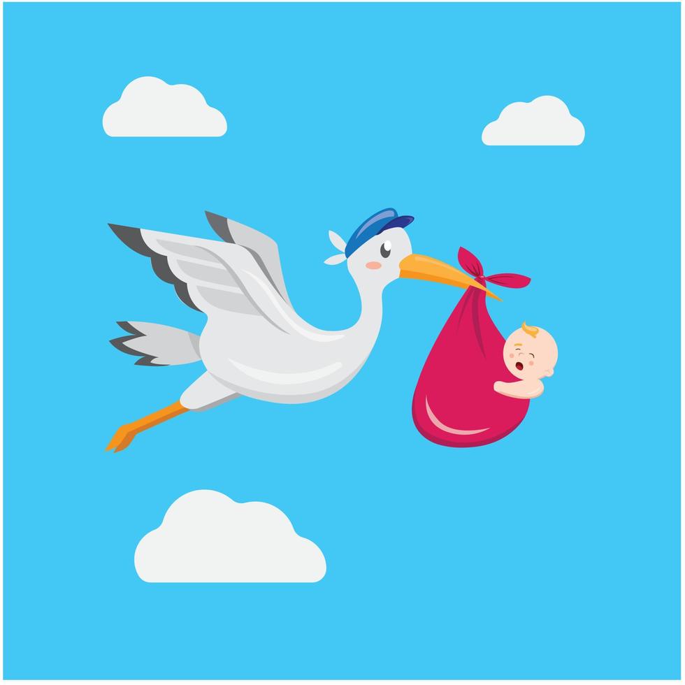 cigüeña con bebé, pájaro volando entregar vector de ilustración de dibujos animados humano recién nacido