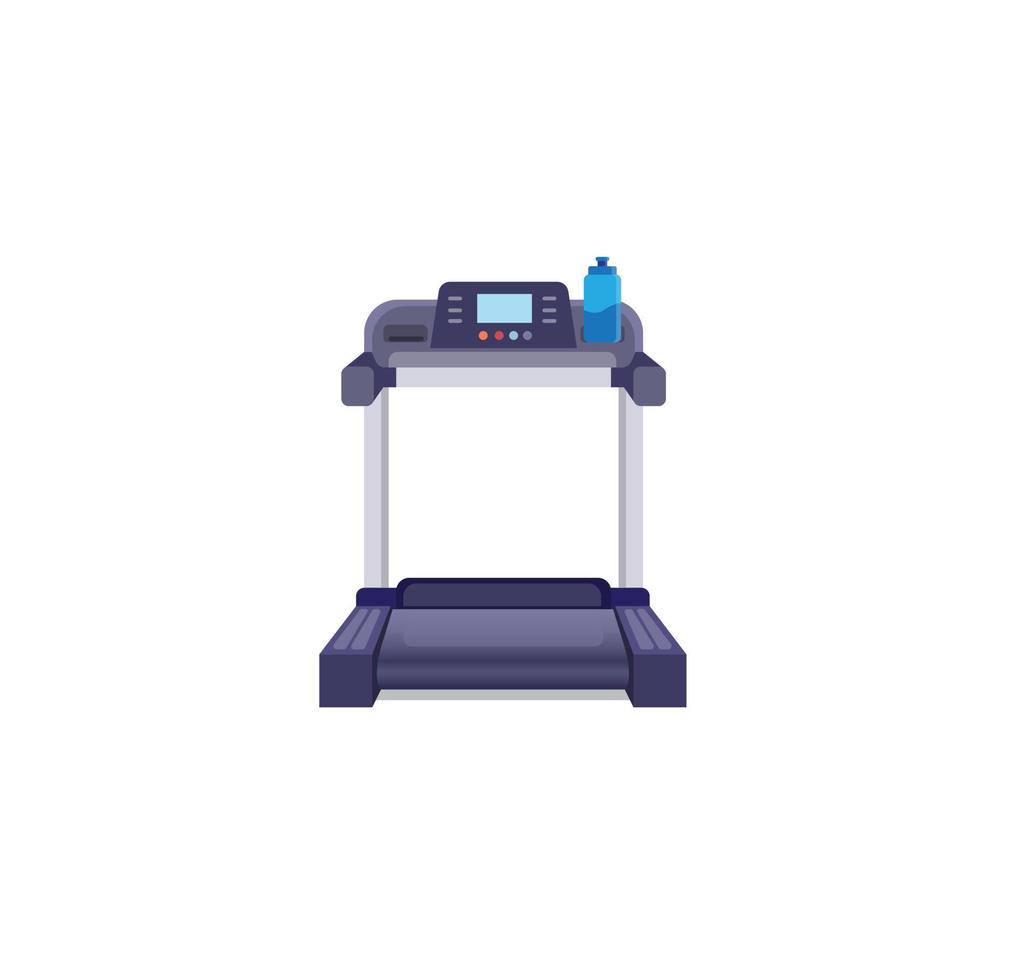 Cinta de correr electrónica en vista frontal con botella de bebida, máquina para correr, ejercicio físico, icono de símbolo de equipo de gimnasio en vector de ilustración plana de dibujos animados aislado en fondo blanco