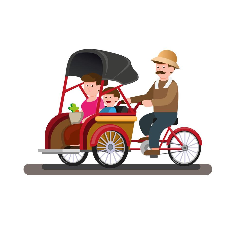 becak o trickshaw transporte público tradicional indonesio con pasajero en vector de ilustración plana de dibujos animados aislado en fondo blanco