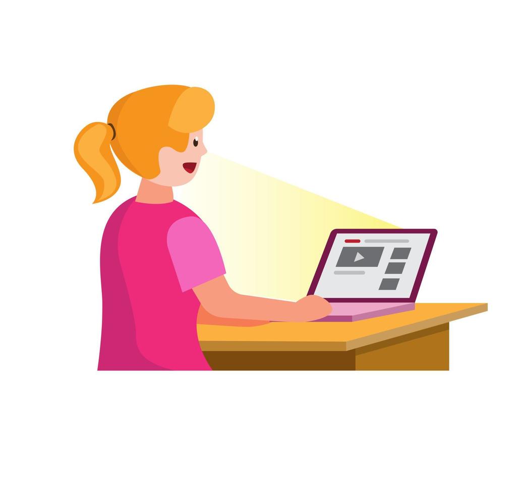 girl watching video streaming from internet using laptop in cartoon flat illustration vector