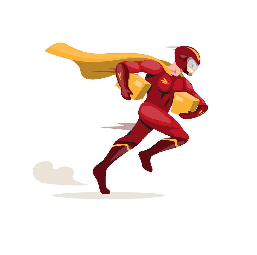 Courier express mascot hero, superhero courier running fast carrying package deliver to customer in cartoon flat illustration vector isolated in white background