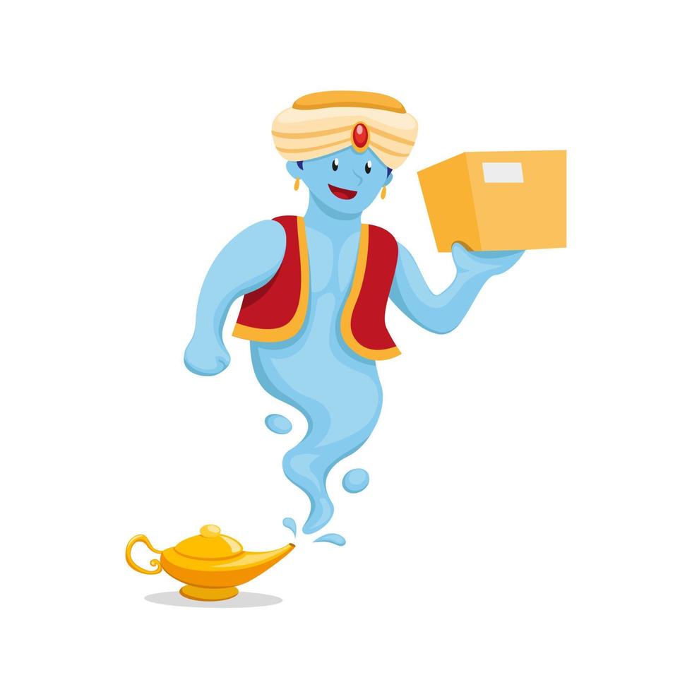 genie with magic lamp carrying package, courier express shipping and delivery mascot in cartoon flat illustration vector