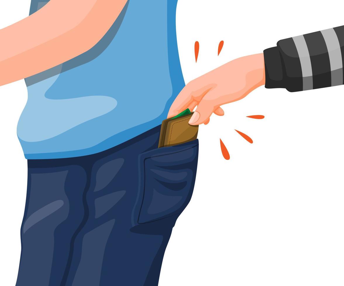 Pickpocket crime. thief hand steal wallet from jeans pocket illustration concept in cartoon vector isolated in white background