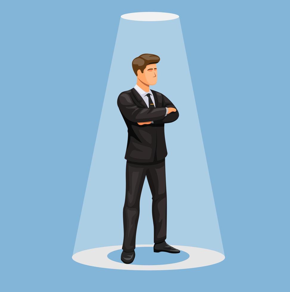 Man in tuxedo standing under spotlight. professional businessman character concept illustration vector