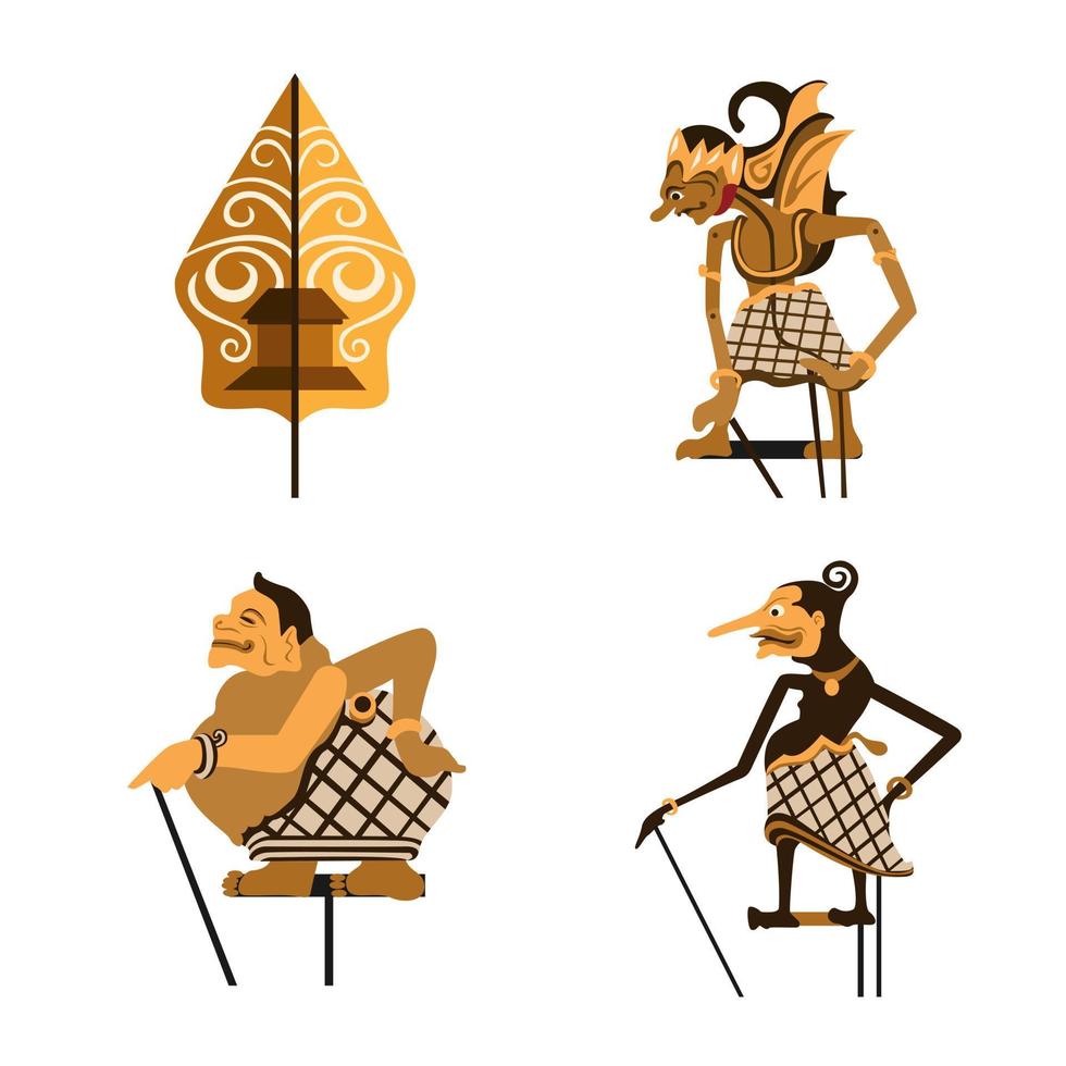 wayang también conocido como marioneta de cuero. Concepto de conjunto de colección de símbolo de marioneta tradicional de Indonesia en vector de ilustración de dibujos animados plana