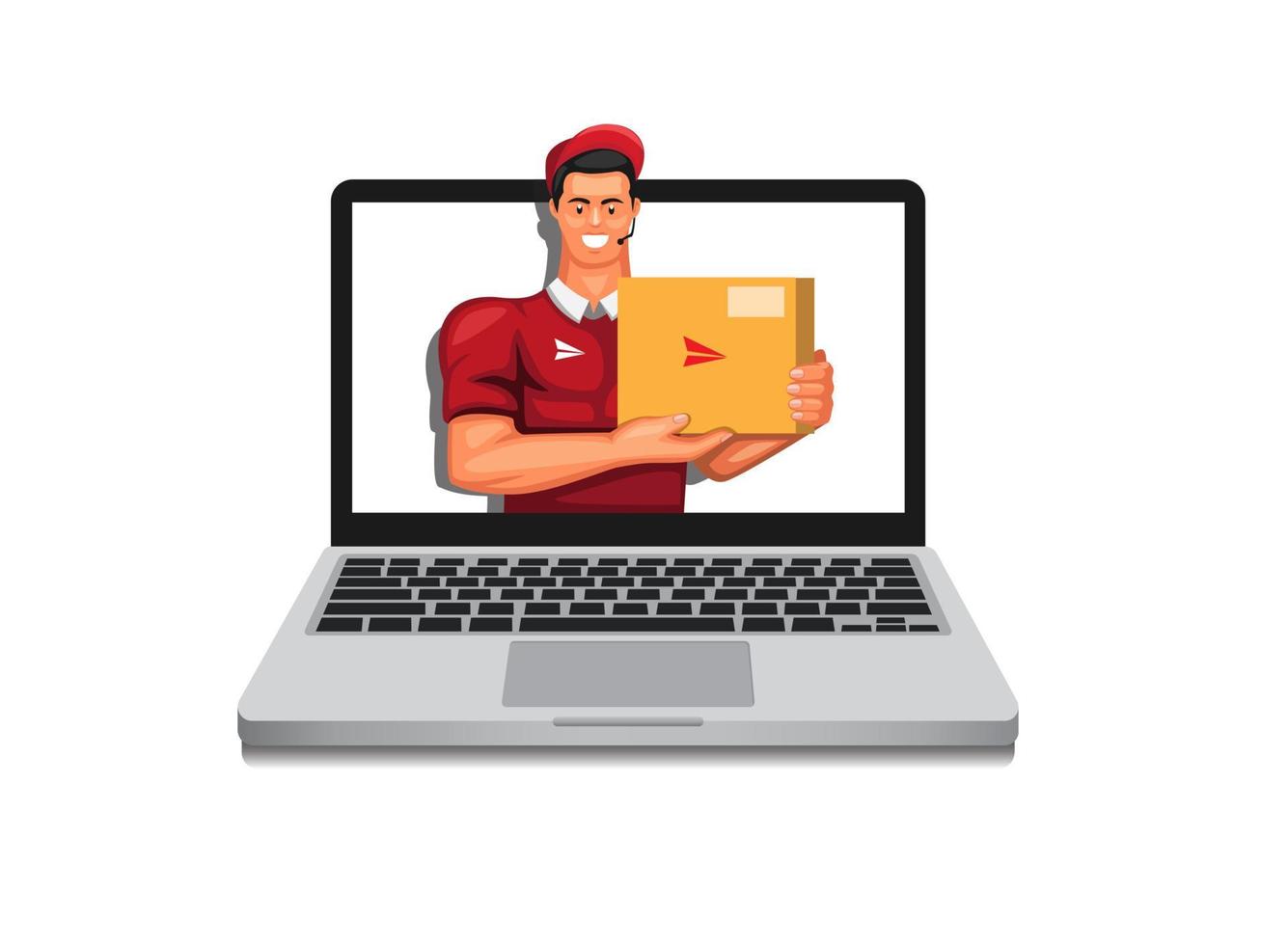 Courier Package out from laptop. online shopping delivery service symbol concept in cartoon illustration vector