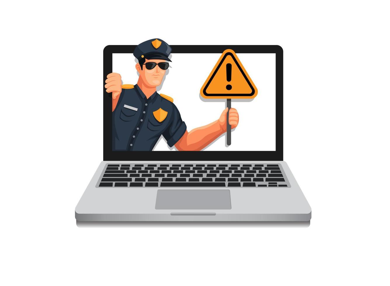 policía con cartel de peligro en el monitor de la computadora portátil. concepto de símbolo de advertencia de seguridad del sitio web en vector de ilustración de dibujos animados