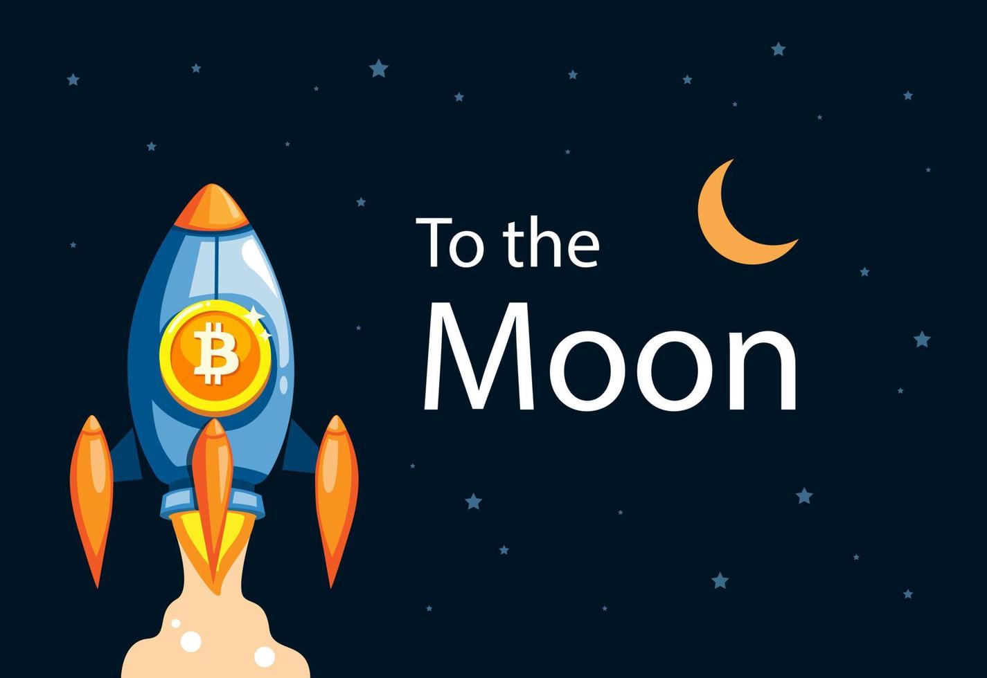 a la luna cohete bitcoin. Ilustración de crecimiento empresarial de criptomonedas en vector de dibujos animados