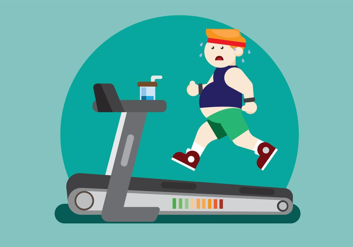 Obese young man running in treadmill flat design vector