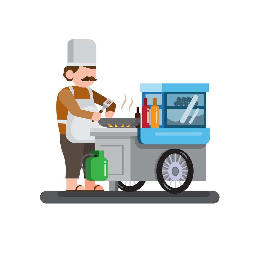 traditional street food, man cook and food cart, trolley, fast food, vector flat character