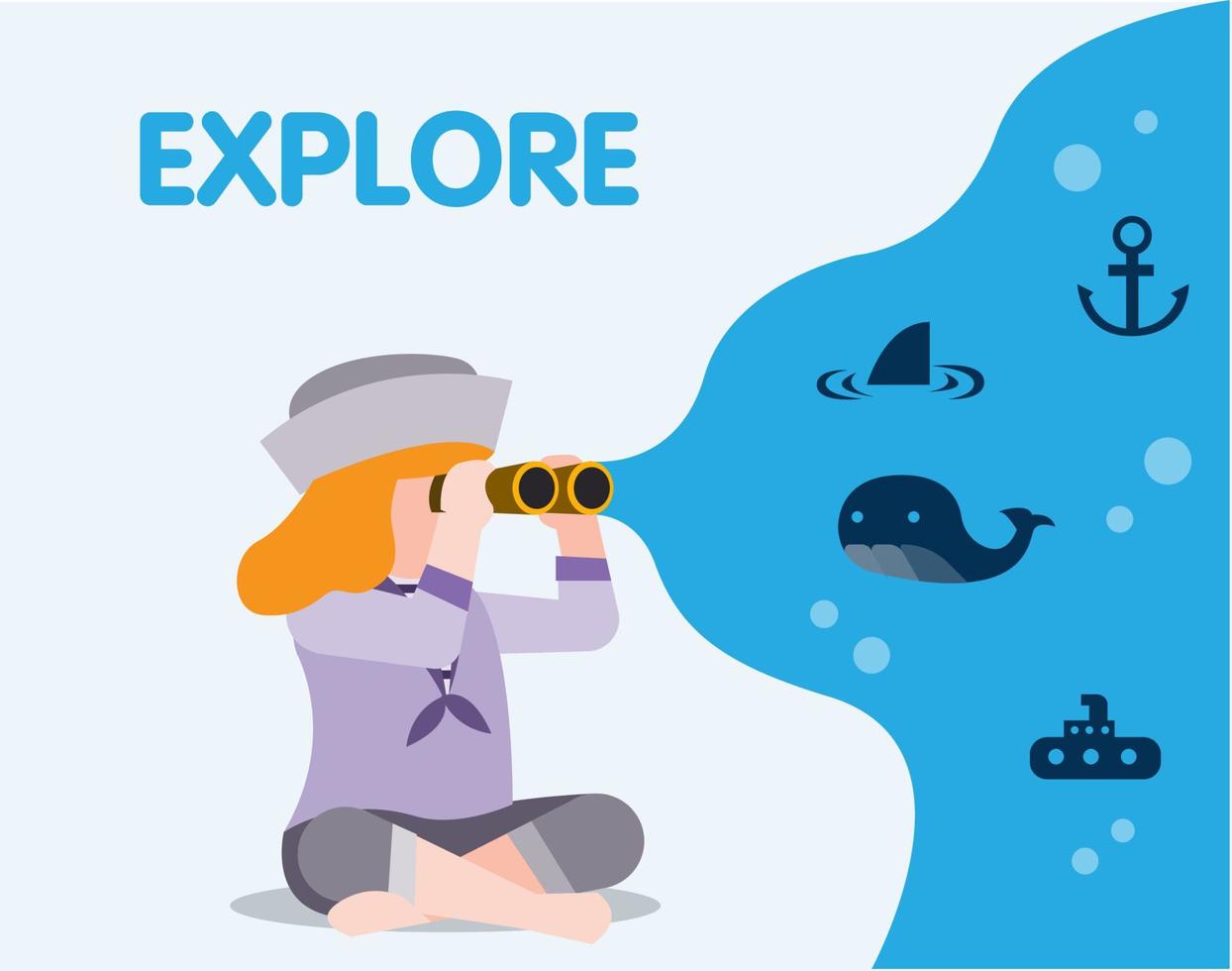 little marine girl use binocular, imagination, exploration, flat illustration vector