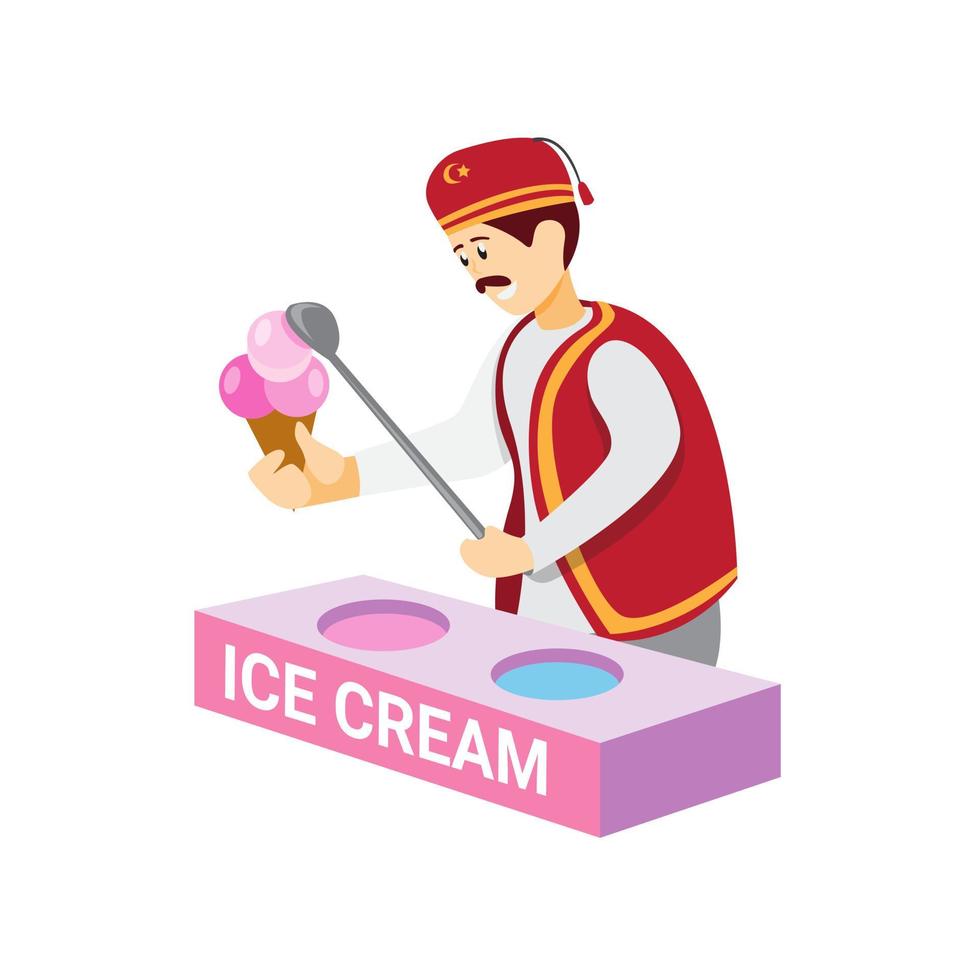 Helado turco, hombre que vende helado tradicional de Turquía en vector de ilustración plana de dibujos animados aislado en fondo blanco