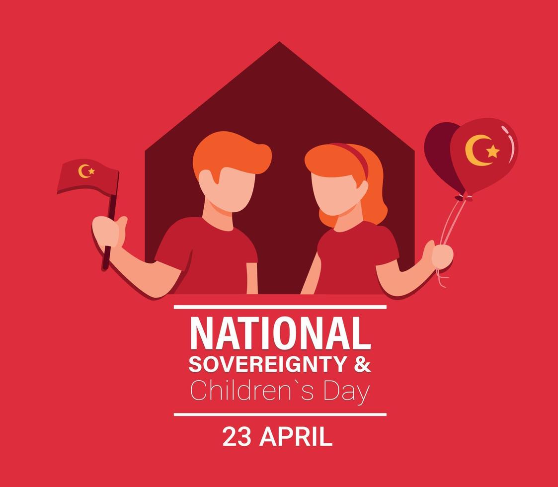 National Sovereignty Day with boy and girl holding flag and ballon decoration in cartoon flat illustration vector in red background