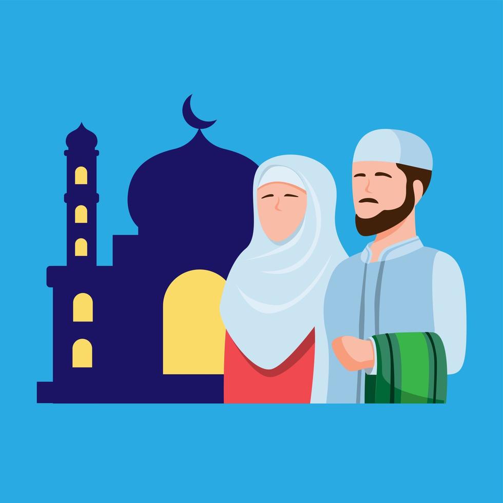Muslim people praying in mosque, man and woman in front of mosque building silhouette symbol ramadan season in islam religion concept in cartoon flat illustration vector